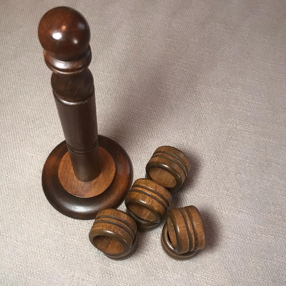 Set of 8 Vintage Wood Napkin Rings with Stand